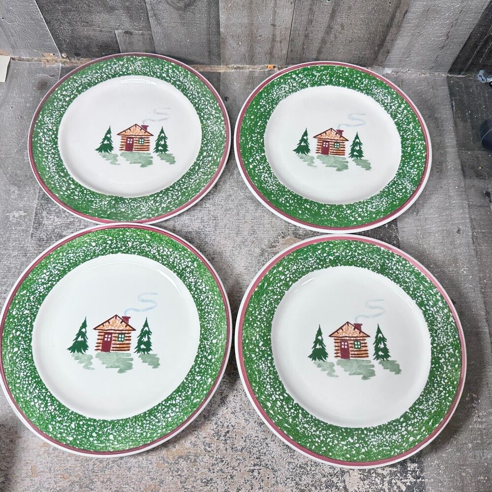 Tre Ci Christmas Cabin in the Woods Set Of 4 Dinner Plates Made in Italy 10 1/4"